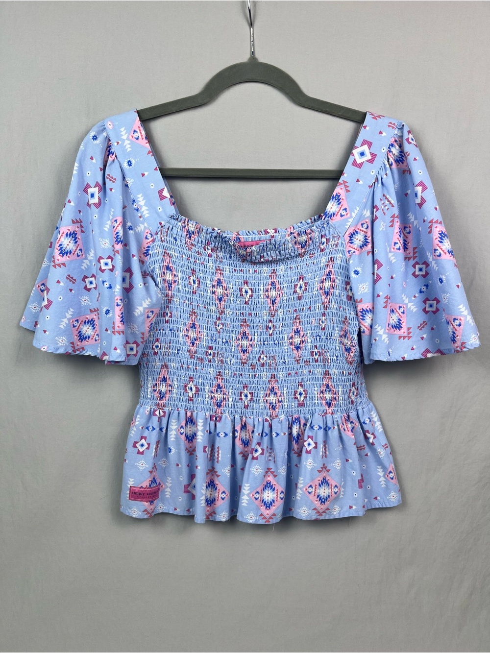 Simply Southern Blue & Pink Smocked Peplum Blouse Boho Southwestern Peasant